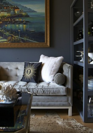 GRAY SOFA with dark gray walls
